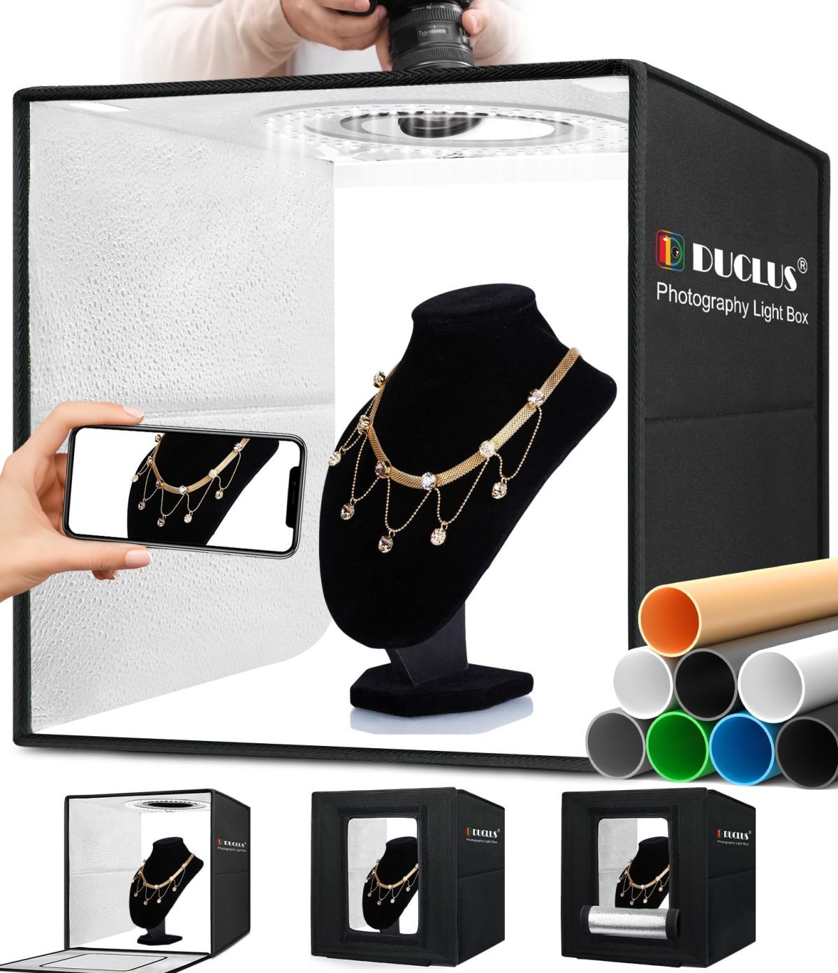 Version 1.0.0 Scatola fotografica pieghevole 40 x 40 cm, 5500 K, set con strisce luminose a LED mobili e 6 sfondi fotografici - immagine 1