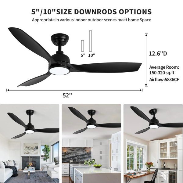 Ventilatore da soffitto SODSEA da 52 pollici con luci, ventilatore da soffitto moderno nero con telecomando