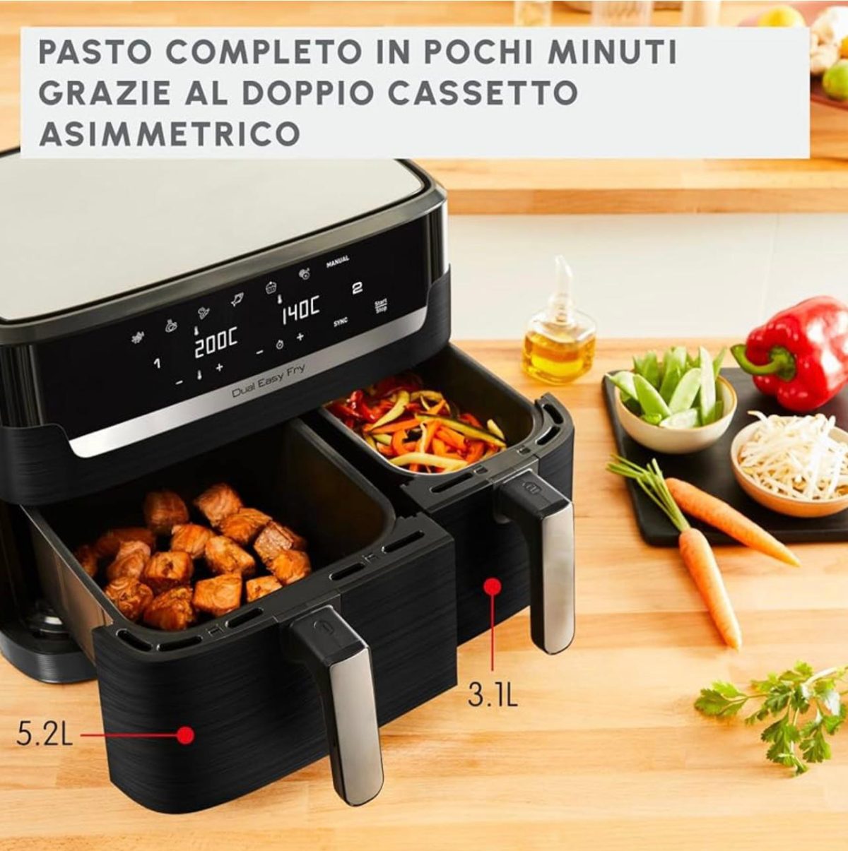 Moulinex Dual Easy Fry, Friggitrice ad Aria con Doppio Cestello XL, 8.3 L/2.2Kg, Capacità fino a 6-8 Persone, Doppia Resistenza Superiore, 7 Programmi, App Ricette, Lavabile in Lavastoviglie, EZ9018 - immagine 2