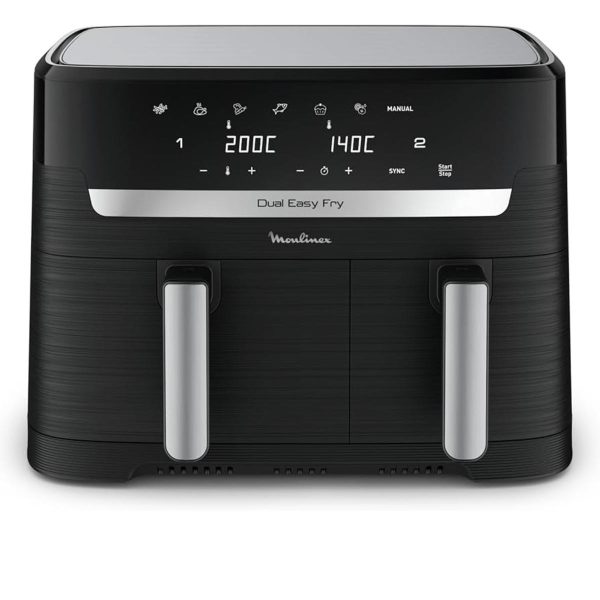 Moulinex Dual Easy Fry, Friggitrice ad Aria con Doppio Cestello XL, 8.3 L/2.2Kg, Capacità fino a 6-8 Persone, Doppia Resistenza Superiore, 7 Programmi, App Ricette, Lavabile in Lavastoviglie, EZ9018