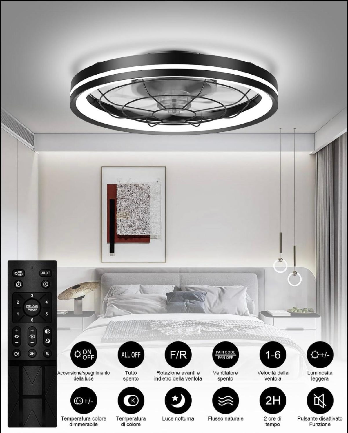 48cm Ventilatore da Soffitto Silenzioso con Luce e Telecomando, Dimmerabile Lampada Ventilatore da Soffitto Moderno con Reversibile Motore DC, Lampadario Ventilatore per Camera da Letto, Cucina - immagine 2