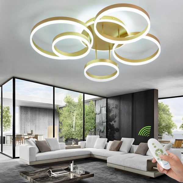 Plafoniera Led Soffitto, Lampada da Soggiorno a LED da Soffitto Camera Plafoniera Dimmerabile con Telecomando per Sala da Pranzo Lampadari,Moderna Plafoniera LED Dimmerabile 6 Rings (ORO)