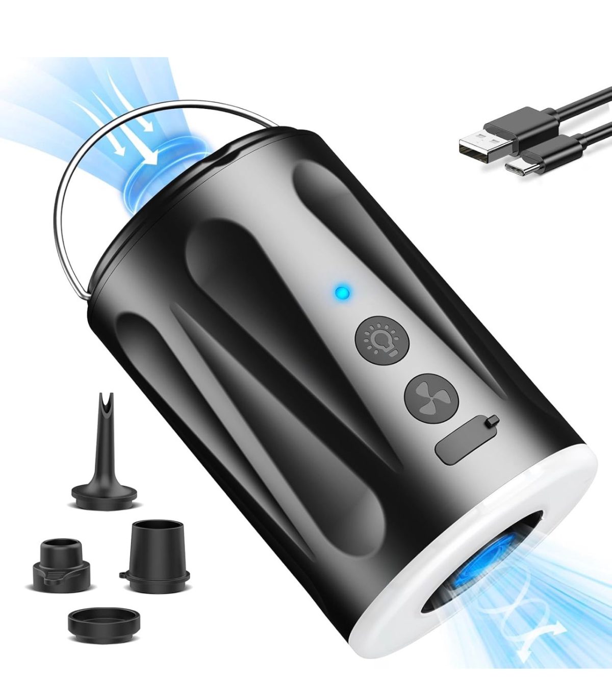 WhatsApp Image 2025-06-17 at 17.40.28 Pompa ad aria elettrica Gonfiore,6000mAh Gonfiatore Materasso Gonfiabile,4 ugelli,LED Luce,2 livelli Vento,6,5 KPA,400L/Min,Doppio ingresso e uscita aria,per barca gonfiabile - immagine 1