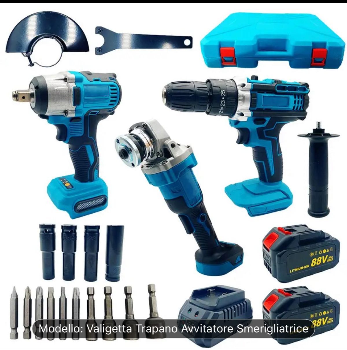 6b39195c-667a-4661-b5aa-116cf8675ecc Kit Attrezzi Professionali 88V Valigetta Trapano Avvitatore Smerigliatrice Angolare e Trapano a Impulsi 2 Batterie 14 Punte - immagine 1