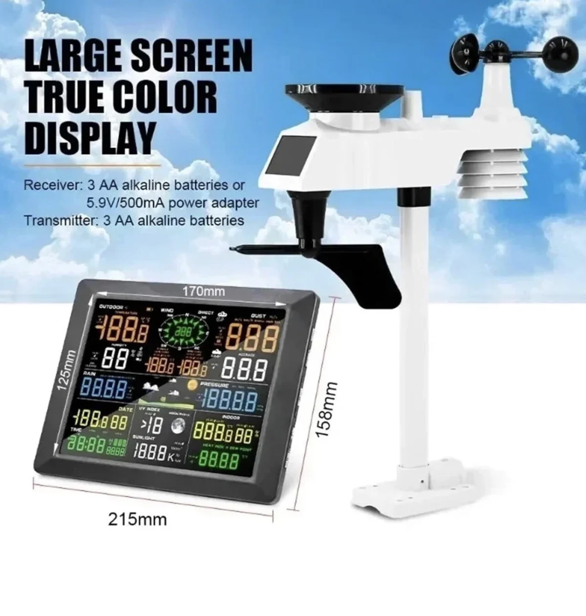 s-l1600 Stazione Meteorologica con Sensore Esterno Display a Grande Schermo Colore Vera Stazione 7 in 1 con Previsioni del Tempo 215mm x 158mm x 126mm - immagine 1