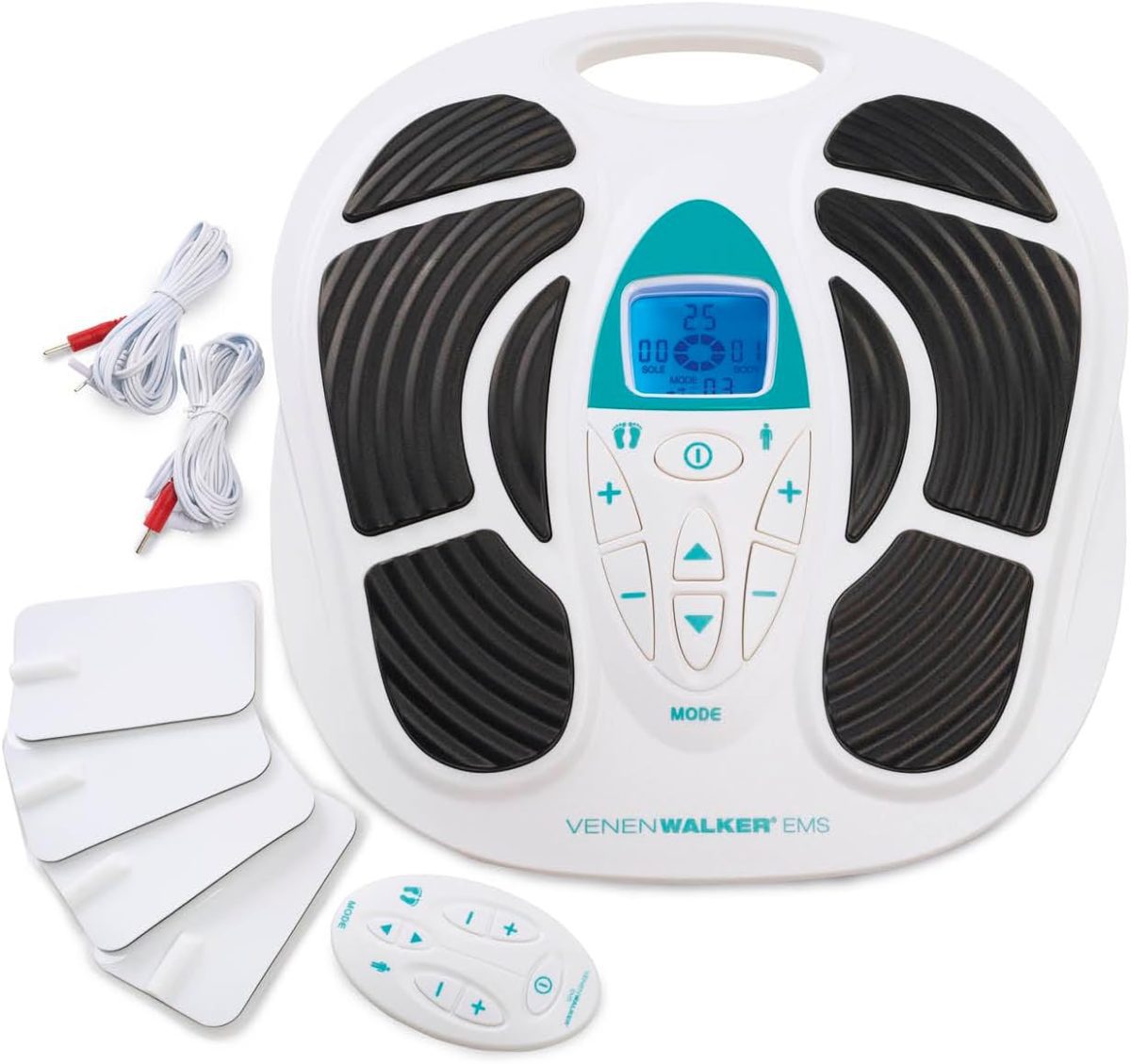 61aJXjFDThL._AC_SL1417_ VENENWALKER Stimolatore di flusso sanguigno EMS | Dispositivo medico certificato + 4 cuscinetti di stimolazione muscolare | Promuove il flusso sanguigno | Con telecomando | Intensità variabile - immagine 1