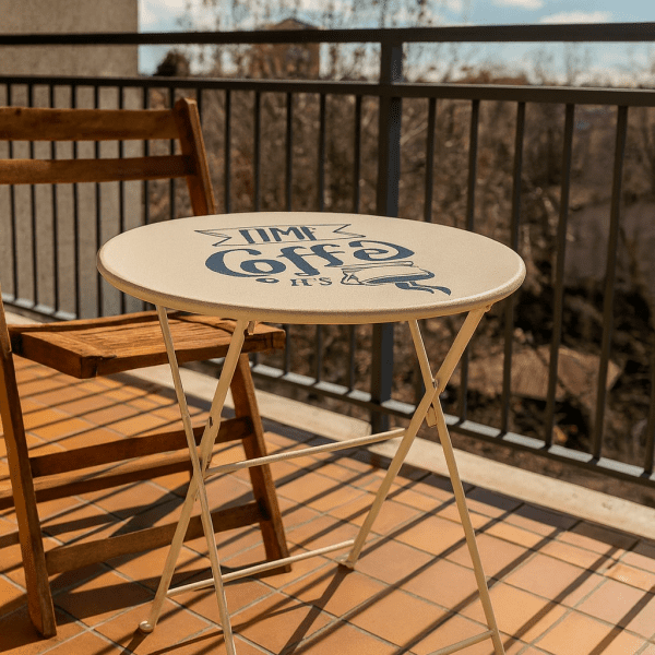 Tavolino vintage pieghevole rotondo in metallo con scritta "Coffee Time"