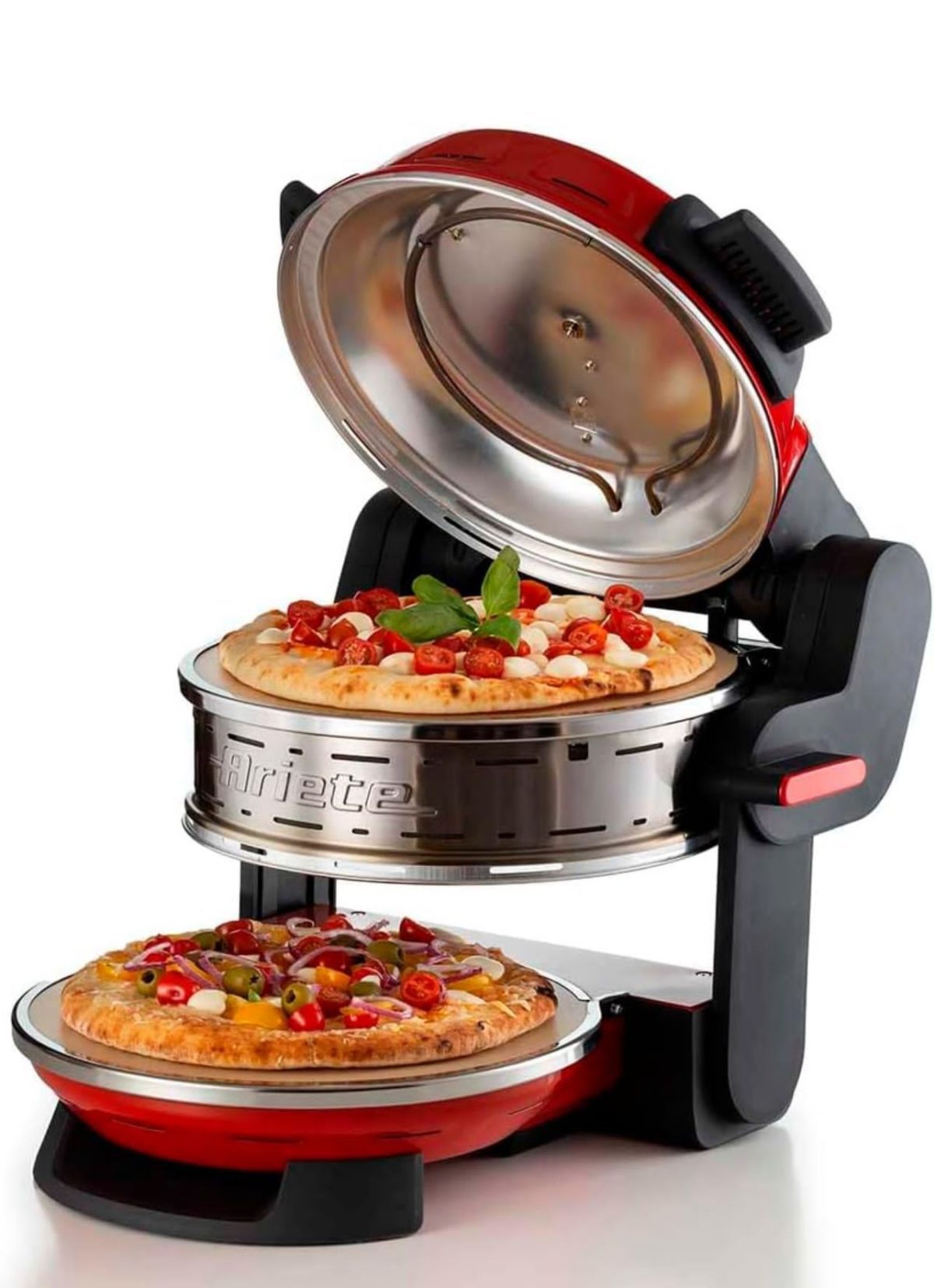 IMG-20251127-WA0000 Ariete 927 Pizzeria Ariete, Forno pizza doppio, 2300 W, 2 pietre refrattarie, 2 pizze in 4 minuti, 2 termostati, Diametro 32 cm, 5 livelli di cottura, 2 pale in acciaio inox, Rosso - USATO PER PROVA. - immagine 1