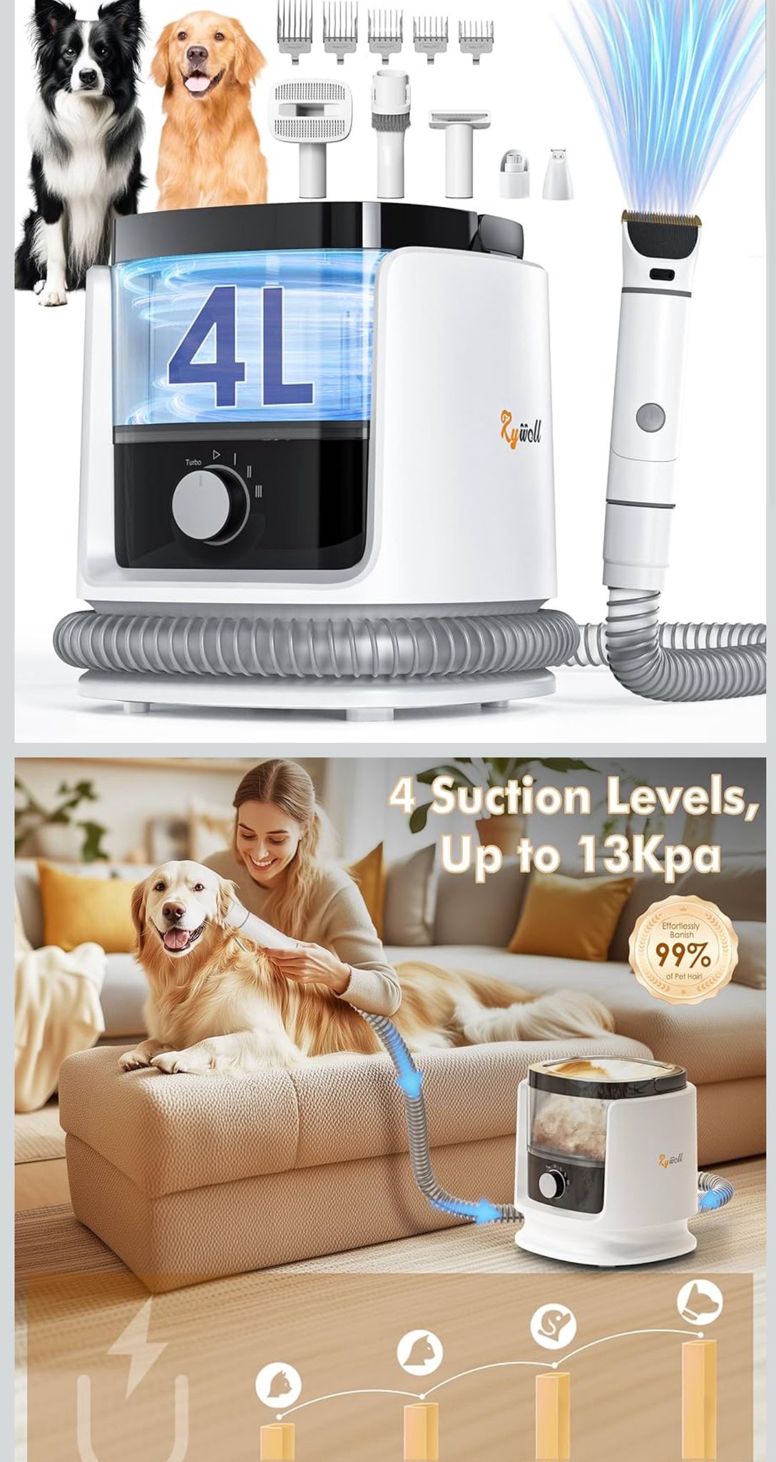 IMG-20251127-WA0016 Rywell Aspirapolvere per Capelli di Cane di Grande Capacità 4L Kit di Toilette per Animali Domestici con 4 Modalità Regolabile(3/6/8/13KPa) Filtrazione HEPA per Perdere i Capelli di Animali Domestici - immagine 1