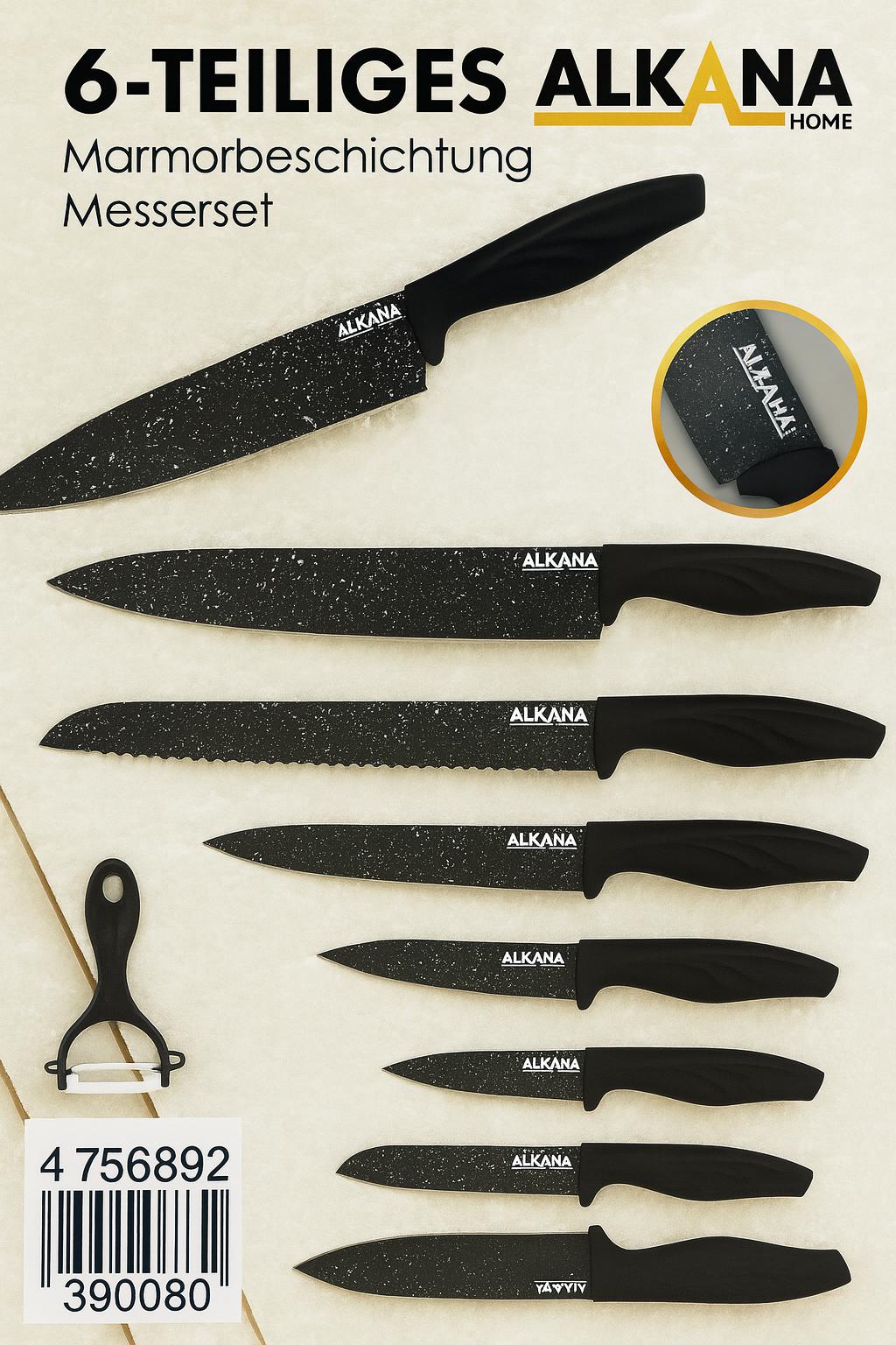 IMG-20251127-WA0018 Il set di coltelli ALKANA Home da 6 pezzi è la scelta ideale per chi desidera una cucina funzionale, moderna e sicura. Le lame con rivestimento effetto marmo garantiscono scorrevolezza, resistenza e un taglio preciso, mentre i manici ergonomici assicurano una presa stabile e confortevole in ogni utilizzo. Questo set è perfetto per chef, appassionati di cucina o per chi vuole semplicemente coltelli affidabili e belli da vedere. Contenuto del set (6 pezzi) 🔪 Coltello Chef 🔪 Coltello Trinciante 🔪 Coltello da Pane 🔪 Coltello Multiuso 🔪 Coltello da Cucina 🥕 Pelapatate incluso Caratteristiche principali 🖤 Rivestimento in marmo antiaderente: impedisce che il cibo si attacchi e facilita la pulizia 🔥 Lame resistenti e affilate, ideali per ogni tipo di taglio 🤲 Manico ergonomico antiscivolo per maggiore sicurezza 🌟 Design moderno ALKANA elegante e professionale 💯 Perfetti per carne, verdure, pane, frutta e preparazioni quotidiane Perché sceglierli Questo set offre un eccellente rapporto qualità/prezzo, con prestazioni che migliorano ogni preparazione in cucina. Robusti, maneggevoli e dal look moderno, sono ideali per uso domestico o come regalo utile e sempre apprezzato. - immagine 1