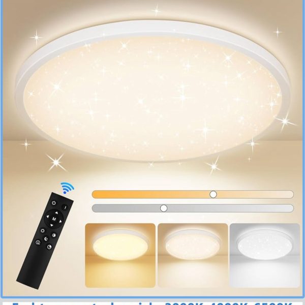 Lampada da soffitto a LED dimmerabile, 3000 K-6500 K, con telecomando, lampada da soffitto rotonda, per cucina, cameretta dei bambini, camera da letto, soggiorno, 30 cm