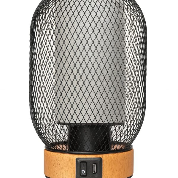 Lampada da Tavolo Design Industriale – Paralume in Rete Metallica, Base Effetto Legno, Interruttore On/Off e Porta USB