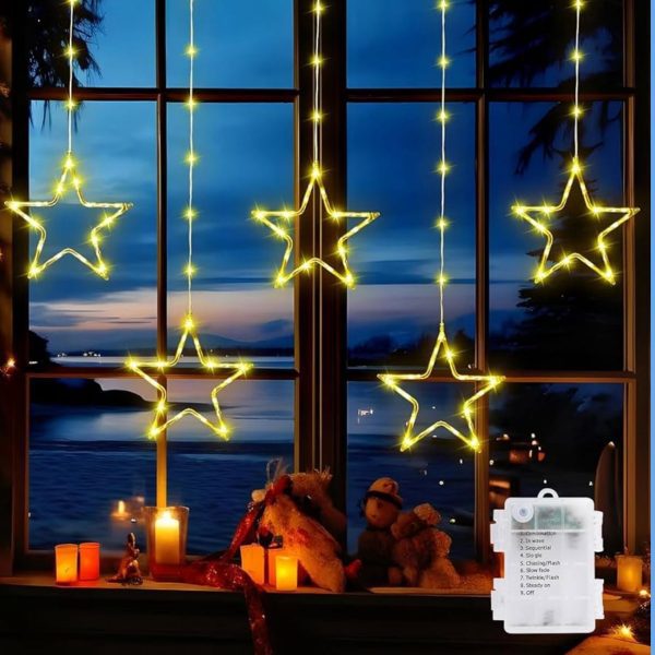 Luci Natale Finestra 5 Stelle 96LEDS, Tenda Luminosa Natale con Batteria 8 Modalità IP65 Impermeabilità Finestre Luci Stelle per Interno Esterno Vetrina Porte Casa Festa, Bianco Caldo