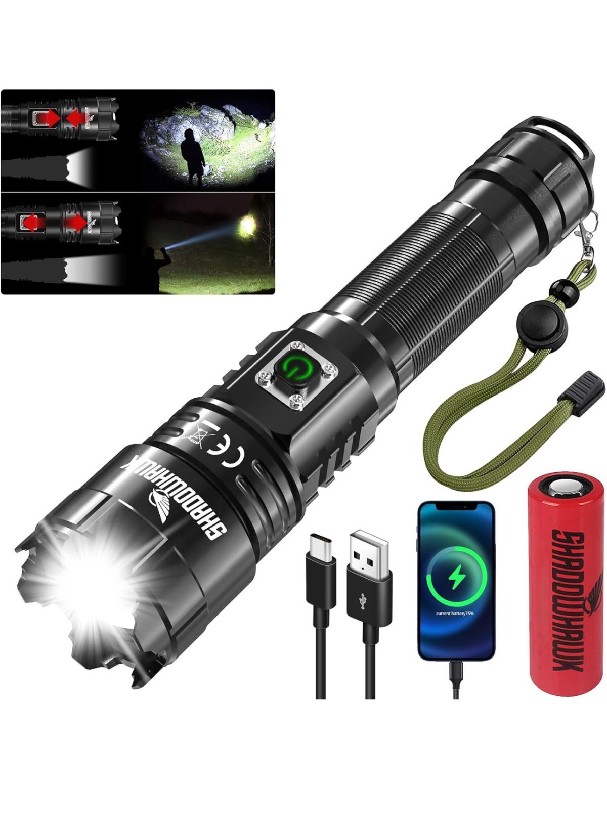 IMG-20251130-WA0028 Shadowhawk Torcia LED Potente Professionale, Ricaricabile Torce Led Alta Potenza 500000 Lumen XHP70.2, Torcia Tattica Militare, IP67 Impermeabile flashlight per Campeggio Trekking Emergenza - immagine 1