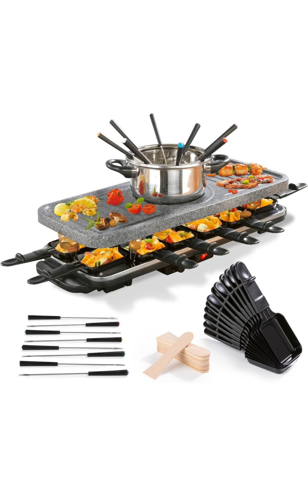 ba45563b-ff93-40cc-8327-cf059afe28ff GOURMETmaxx Raclette e Fondue Combi XXL 4 in 1 per 12 Persone con Pietra Calda 1600W - immagine 1