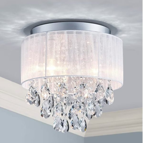 Shrine Lighting Lampadario in Cristallo, Design Moderno, Lampada da Soffitto per Ambienti, D33 x H28cm, Portalampada E14*3, Paralume in Tessuto Bianco e Struttura con Finitura Cromo