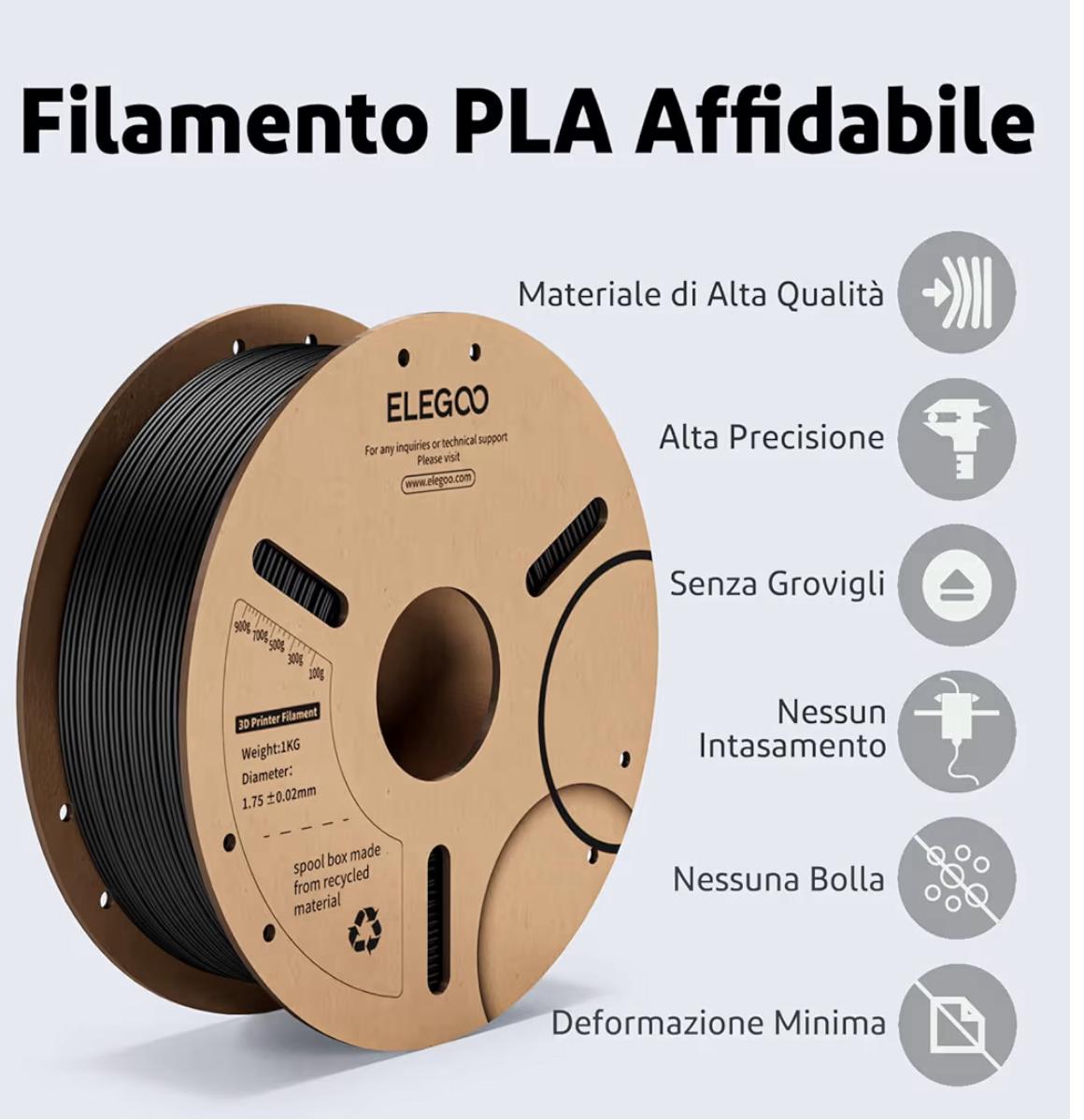 IMG-20251208-WA0013 ELEGOO Filamento PLA 1.75mm Nero 1KG, Filamento per Stampante 3D, Precisione Dimensionale +/- 0.02mm, Filamento per La Maggior Parte delle Stampanti 3D - immagine 1